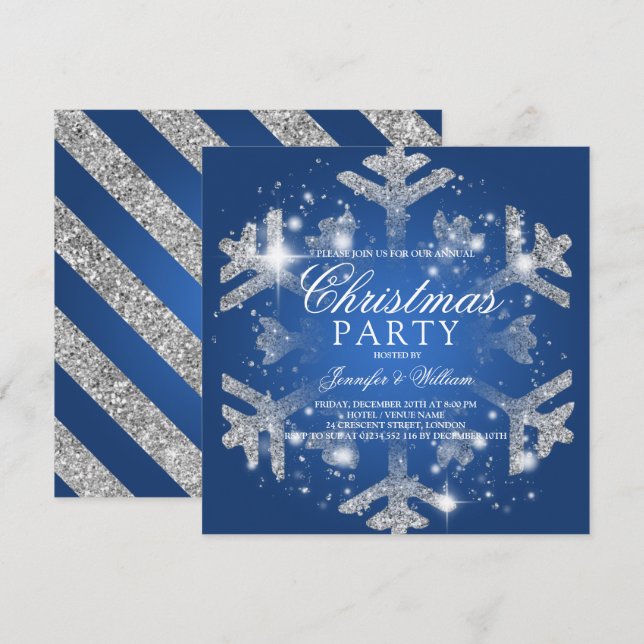 Invitation Fête de Noël pailletée Silver & Blue Flocon de nei (Devant / Derrière)