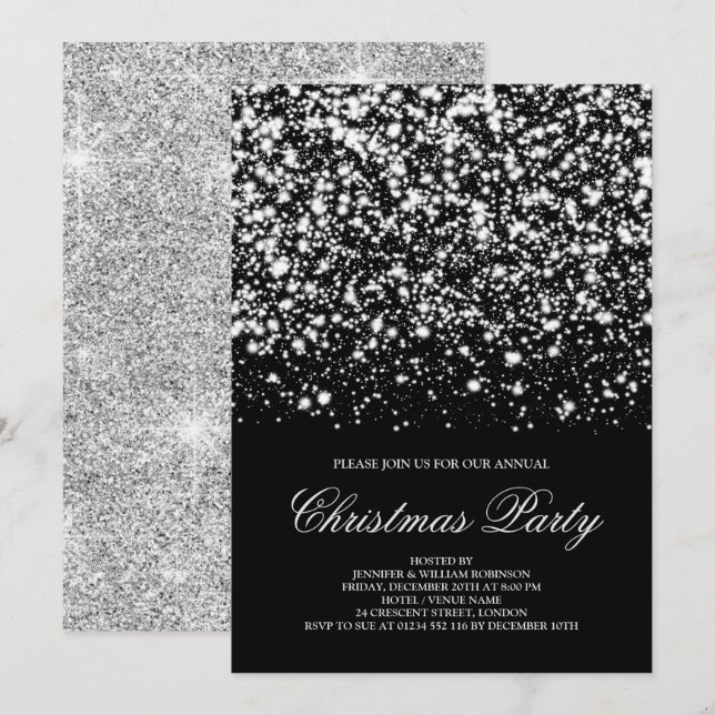 Invitation Fête de Noël Parties scintillant en argent Glam Él (Devant / Derrière)