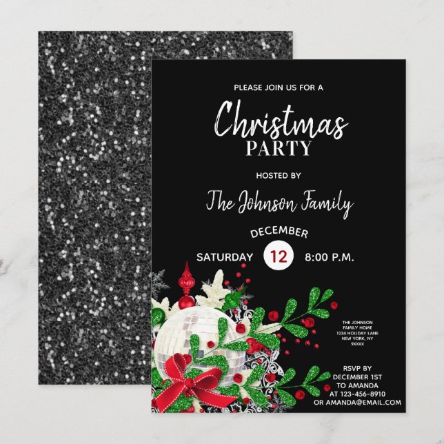 Invitation Fête de NOËL Parties scintillant verte rouge DISCO (Devant / Derrière)