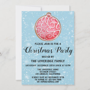 Invitation Fête de Noël Party Boule Rouge Cookie Bleu Neige