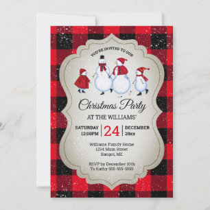 Invitation Fête de Noël Patinage de Snowman Plaid Buffalo