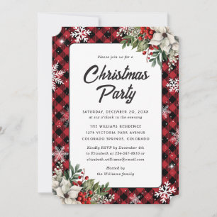 Invitation Fête de Noël Poinsettia Baies de houx à carreaux r