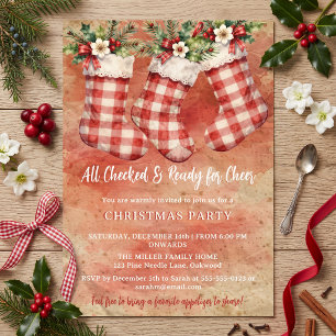 Invitation Fête de Noël Potluck Chaussette à Carreaux Rouges