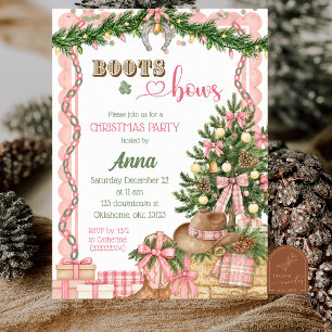 Invitation Fête de Noël pour filles aux bottes et rubans rose