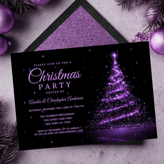 Invitation Fête de Noël Purple Sparkle Light Tree (Créateur téléchargé)