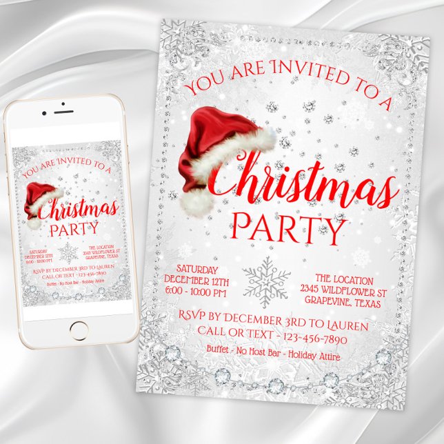 Invitation Fête de Noël Red White Santa Hat (Snowflake Christmas party invitation with Santa hat. Digital download and printed invitations.)