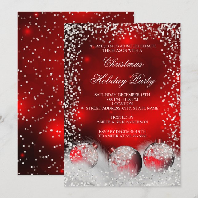 Invitation Fête de Noël Red White Snow Bauble (Devant / Derrière)