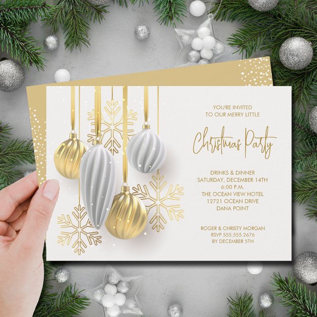 Invitation Fête de Noël rétro Argent et Or (Retro silver and gold tree ornaments Christmas party invitations)