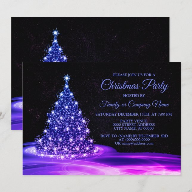 Invitation Fête de Noël Rose Bleu brillant Arbre hiver Noir (Devant / Derrière)