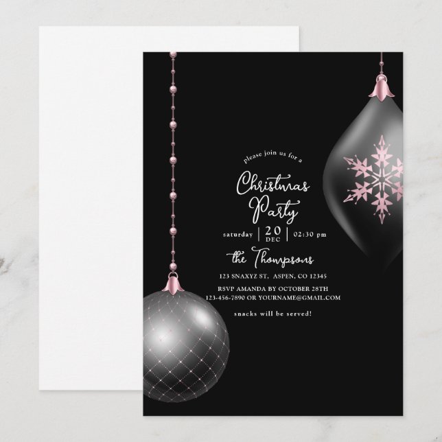 Invitation Fête de Noël rose et noir (Devant / Derrière)