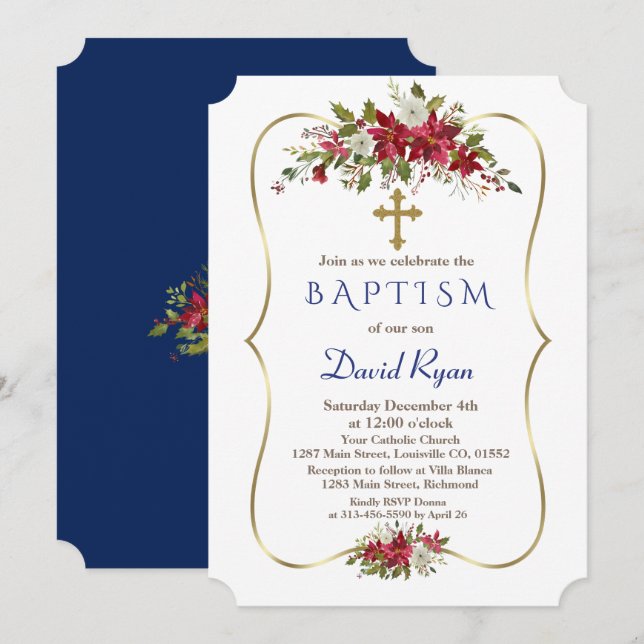 Invitation Fête de Noël Rouge Blanc Poinsettia Baptême (Devant / Derrière)