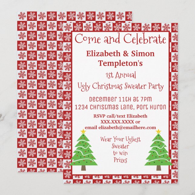 Invitation Fête de Noël rouge et blanc (Devant / Derrière)