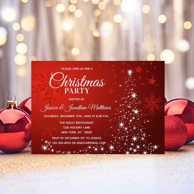 Invitation FÊTE DE NOËL Rouge Flammes de neige blanches Arbre (Red CHRISTMAS PARTY White Snowflakes Tree Sparkle Invitation)