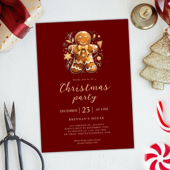 Invitation Fête de Noël Rouge Gold Gingpain de Noël (Christmas Party Red Gold Gingerbread Holiday Invitation)