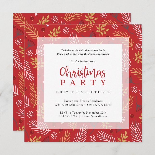 Invitation Fête de Noël Rouge Or et Blanc Foliing (Devant / Derrière)