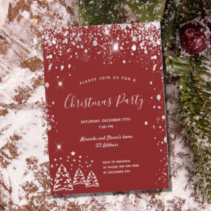 Invitation Fête de Noël rouge paillettes argentées