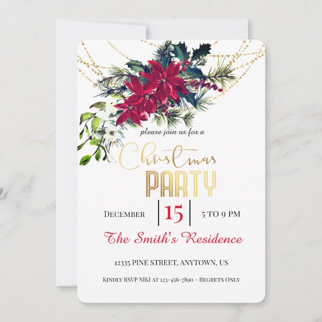 Invitation Fête de Noël Rouge Poinsettia Floral (Devant)
