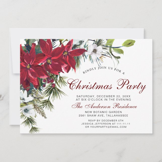 Invitation Fête de Noël Rouge Poinsettia Floral Aquarelle (Devant)
