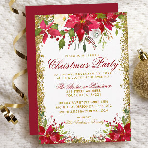 Invitation Fête de Noël Rouge Poinsettia Floral Gold Parties 
