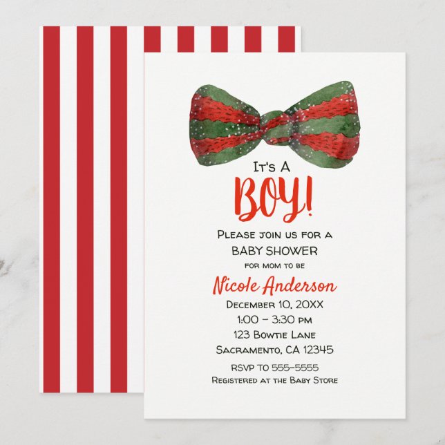 Invitation Fête de Noël Rouge & Vert Nœud Papillon Baby Showe (Devant / Derrière)