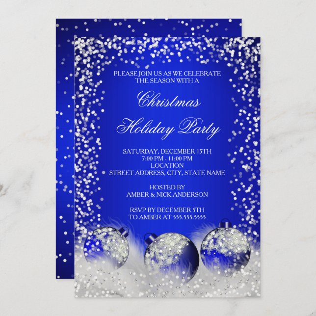 Invitation Fête de Noël Royal Blue Snow Bauble (Devant / Derrière)