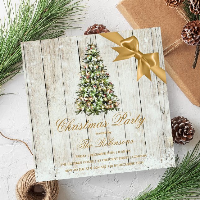 Invitation Fête de Noël | Ruban rustique Arbre et Or (Christmas Party | Rustic Tree & Gold Ribbon Invitation)