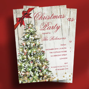Invitation Fête de Noël   Rustic Tree & Red Ribbon Invitat