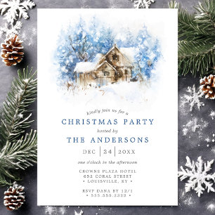 Invitation Fête de Noël rustique aquarelle de cabane de campa