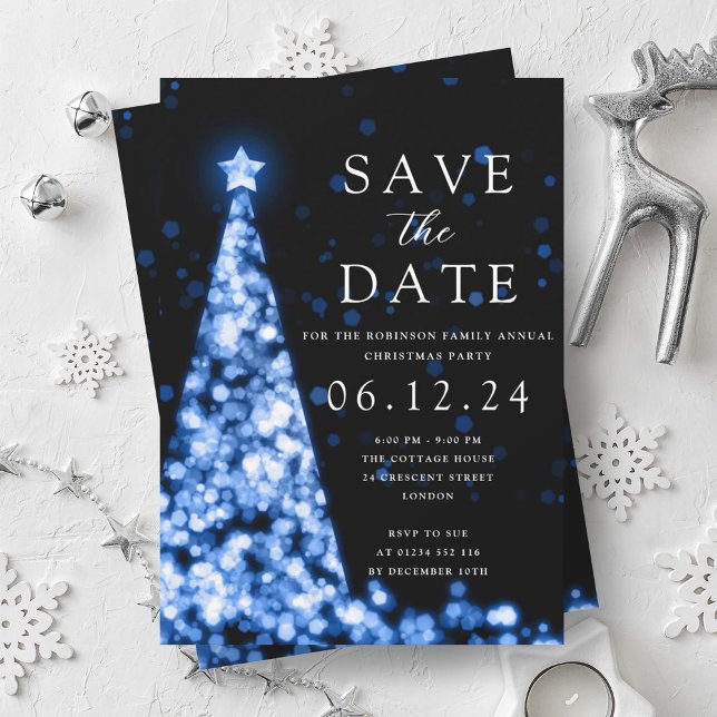 Invitation Fête de Noël Sauvegarder La Date Bleu Arbre Glam (Christmas Party Save The Date Blue Tree Glam Invitation)
