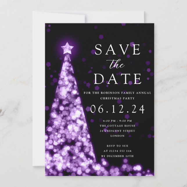 Invitation Fête de Noël Sauvegarder La Date Purple Tree Glam (Devant)