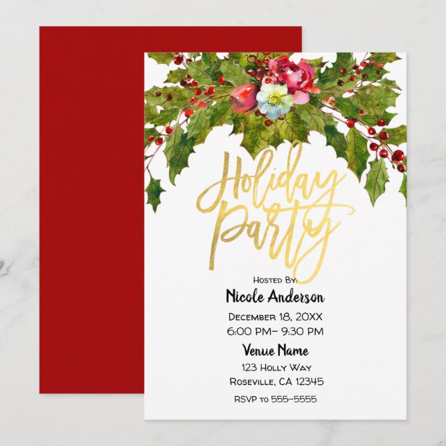 Invitation Fête de Noël Script Doré Fleurs de Houx (Devant / Derrière)