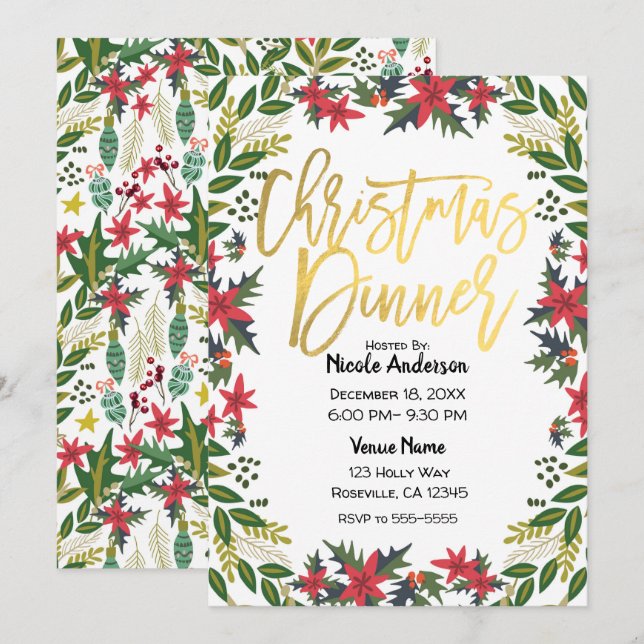 Invitation Fête de Noël Script Doré Floral Rustique (Devant / Derrière)