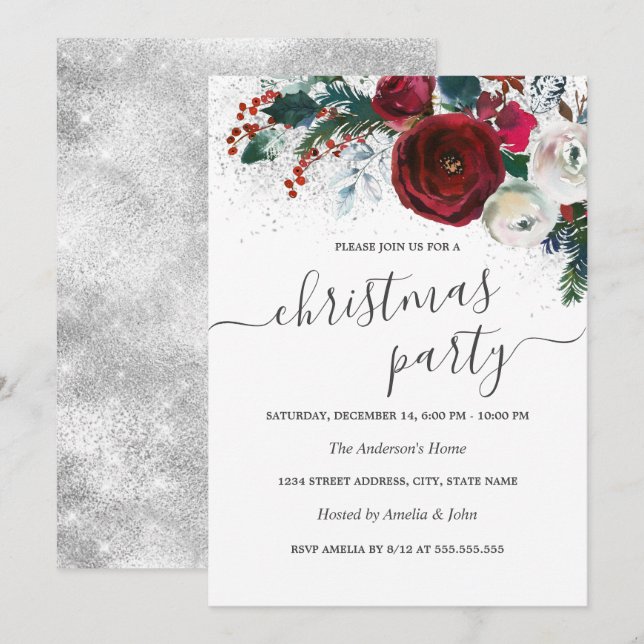 Invitation Fête de Noël Shimmer White Silver Red Floral (Devant / Derrière)