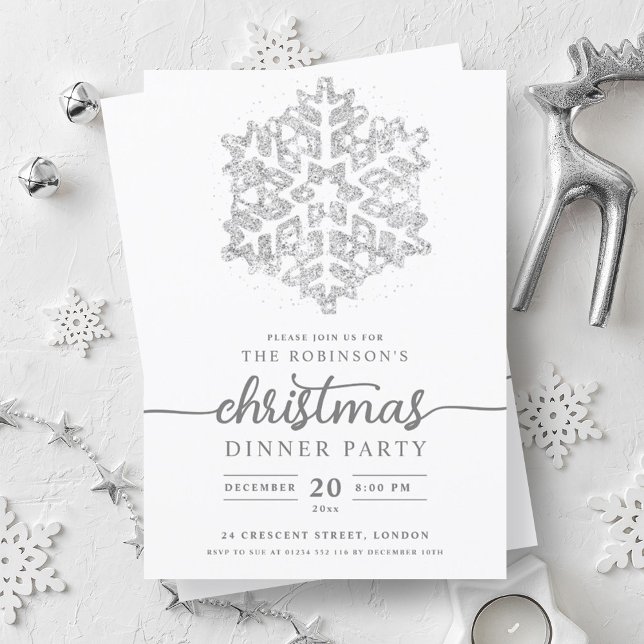 Invitation Fête de Noël Silver d'hiver moderne (Modern Silver Winter Snowflake Christmas Party Invitation)