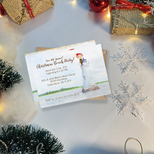 Invitation Fête de Noël sur la plage aquarelle phare