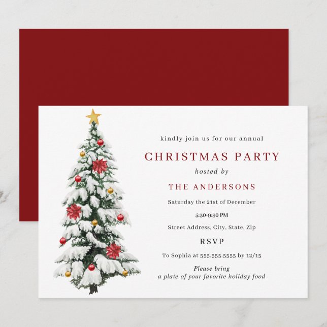 Invitation Fête de Noël traditionnelle de l'arbre vert rouge (Devant / Derrière)