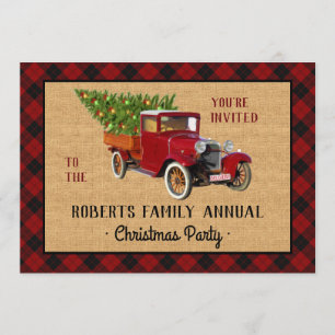 Invitation Fête de Noël Vintage Camion rouge Arbre Plate Chèq