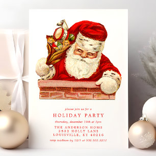 Invitation Fête de Noël Vintage Père Noël Cheminée Rétro