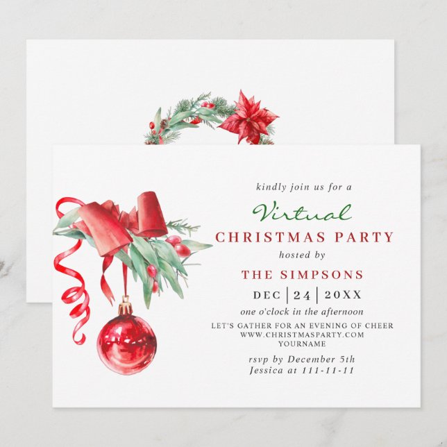 Invitation Fête de Noël VIRTUELLE de l'ornement d'aquarelle (Devant / Derrière)