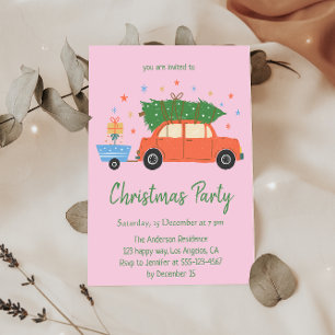 Invitation Fête de Noël Voiture Rouge Rétro Vintage Rose