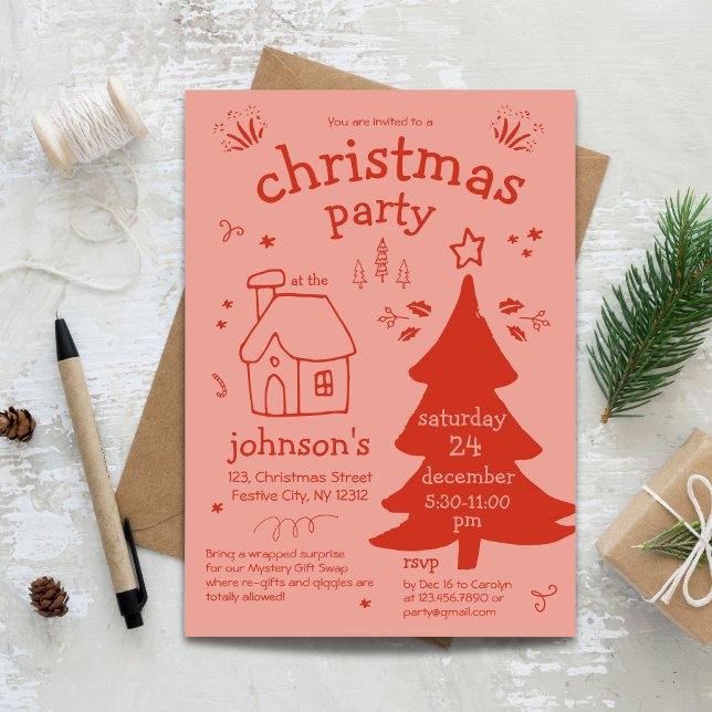 Invitation Fête de Noël Whimsical avec arbre et chalet (Whimsical Christmas Party with Tree and Cottage Invitation)