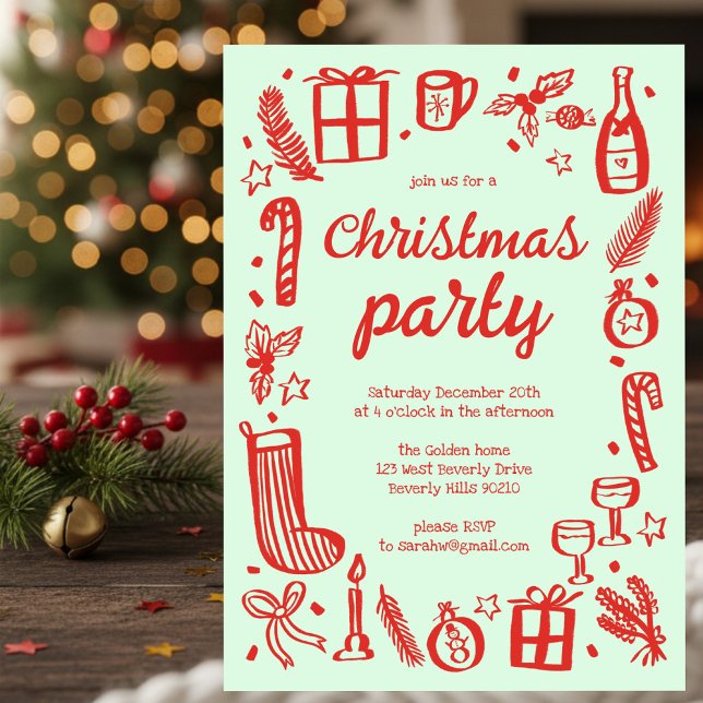 Invitation Fête de Noël Whimsical Cute Custom (Whimsical Christmas Holiday Party Cute Doodles Hand-drawn Custom Invitation Green Red
)