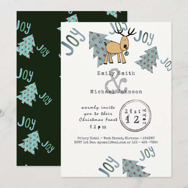 Invitation Fête de Noël Whimsical Typset Cartoon Reindeer (Devant / Derrière)