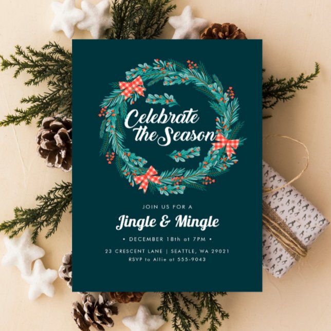 Invitation Fête de Noël Wreath Red En vichy (Créateur téléchargé)