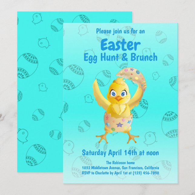 Invitation Fête de Pâques drôle de poussin jaune mignon chass (Devant / Derrière)