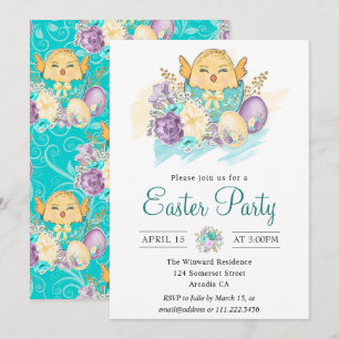 Invitation Fête de Pâques Fleurie Aquarelle avec Poussin dans