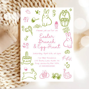 Invitation Fête de Pâques rose et verte : brunch et chasse au