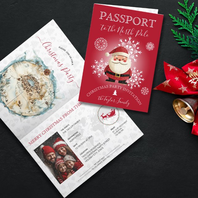 Invitation Fête de passeport unique moderne de Noël Pôle Nord (christmas passport invitation, red cover with snowflakes and santa illustration)