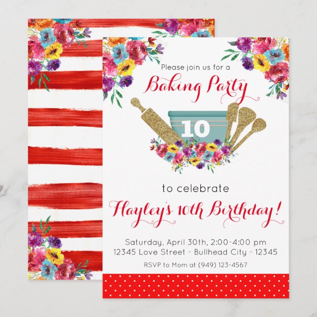 Invitation Fête de pâtisserie à la florale rouge Anniversaire (Devant / Derrière)