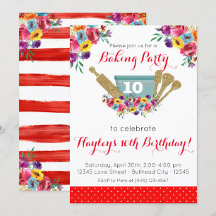 Invitation Fête de pâtisserie à la florale rouge Anniversaire